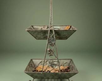 Vintage Wrought Iron TwoTiered Basket Stand with Grapevine Motif