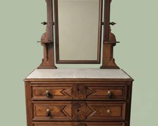 Victorian Eastlake Walnut Dresser with Marble Top and Pivoting Mirror