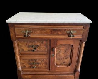 Victorian Walnut Burl Eastlake Marble Top Washstand