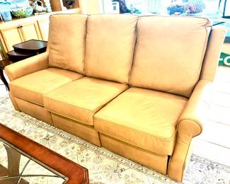 Luggage leather electric recliner sofa by Bassett