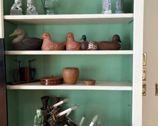 Vintage duck decoys, chandelier, bookends