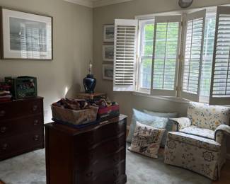 Scarves, hats, throw pillows, antique dressers