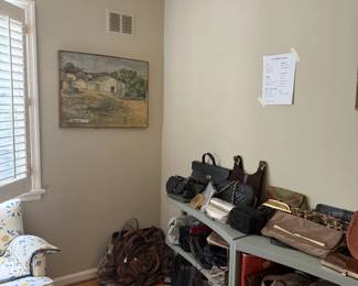 Purses including vintage Coach bag, oil paintings