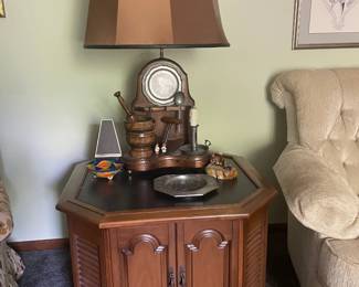 Hexagonal End Table, Antique Style, Gold Shaded, Table Lamp & Collectibles