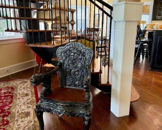 Mythical ebonized hardwood Chinese carved armchair