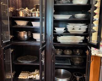 Pots & pan, various white platters and dishes, Bundt, pie and cake pans