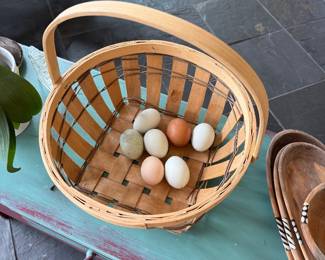 Baskets with collection of blown eggs