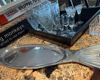Fish platter, iris and herringbone etc glasses