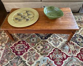 Main floor den, coffee table, drawer pulls, large Haeger platter, leaf bowl