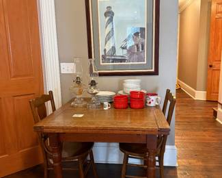 Antique Slide out table and chairs, lanterns, dishes