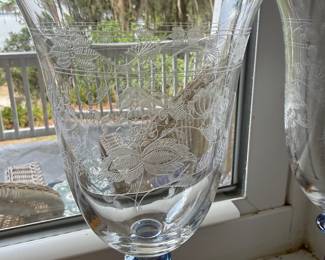 Pretty blue stem etched goblets