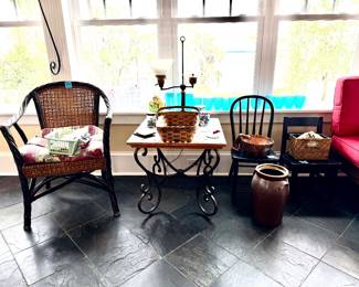 Crock, baskets, jars of vtg marbles, speckled glass hummingbird feeder