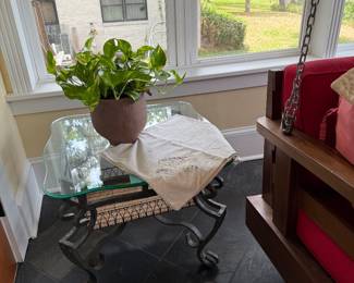 Glass top table & vintage embroidered card table cloth 