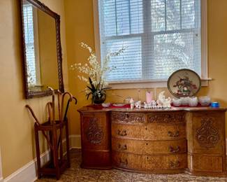 Beautiful sideboard with pretty glass, Precious Moments figures and Train, walking sticks and canes in caddy, vtg mirror
