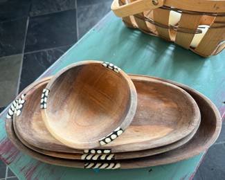 Kenyan olive wood serving dishes with bone inlay