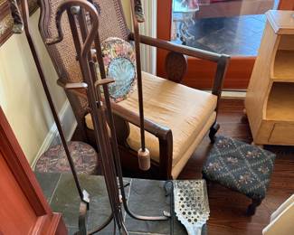 Very nice fireplace tools, armchair & footstool 