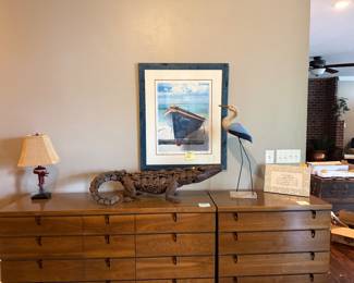 MCM design  Credenza chest of drawers, two pieces, alligator sculpture, art, bird carving. 