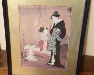 Lot 53: Framed Ukiyo-e Style Print of a Seated Woman and Standing Man