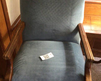 Lot 3: Blue upholstered armchair with wooden arms