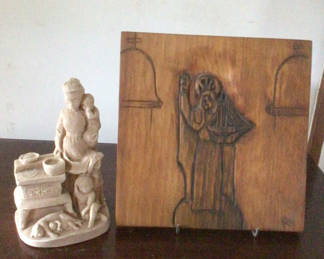 Lot 17: Willson Craft ceramic figurine with table scene and carved wooden panel