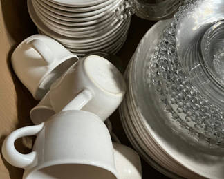 Lot 461: White dinnerware set with mugs, plates, and glassware