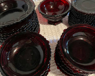 Lot 466: Cranberry glass dessert bowls and plates set