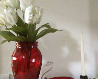 Lot 8: Red glass vase with white tulips, swan-handle dish, and candle holder