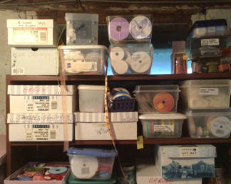 Lot 458: Shelf of assorted storage boxes and craft supplies