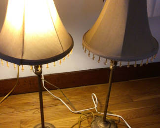 Lot 15: Pair of brass floor lamps with fabric shades