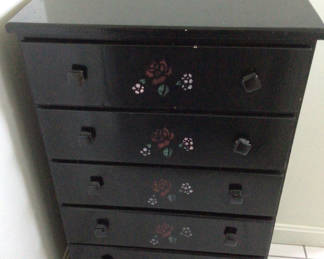 Lot 499: Black five-drawer dresser with floral rose decals