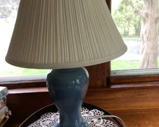 Lot 1: Blue ceramic table lamp with pleated shade