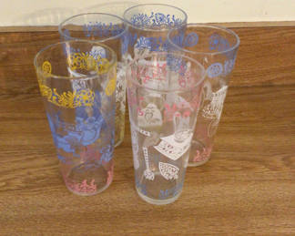 Lot 71: Six tall etched glass tumblers with colorful designs