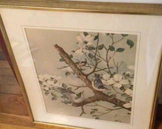 Lot 51: Framed bird and blossom artwork