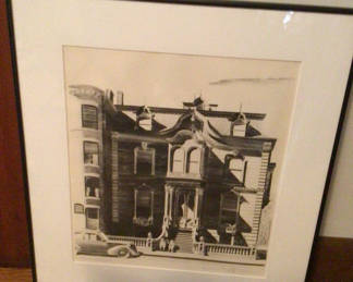 Lot 56: Framed black-and-white print of a Victorian mansion