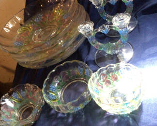 Lot 471: Iridescent Glass Bowls and Candlesticks