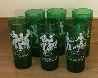 Lot 67: Green glass tumblers with square-dance silhouettes