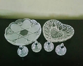 Lot 23: Salt & pepper shakers, 2 Clear cut-glass dishes 
