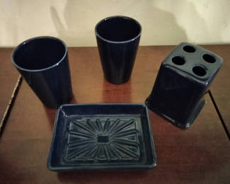 Lot 103: Blue ceramic bathroom accessory set with cups, toothbrush holder, and soap dish