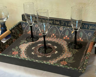 Lot 14: Decorative patterned tray with glassware, vases, bird sculpture and crate