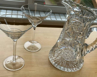 Lot 48: Cut-glass pitcher with two stem glasses