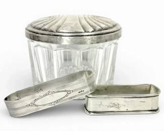 Towle Sterling Silver Lidded Crystal Powder Jar  Two Napkin Holders