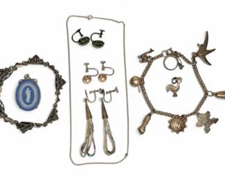 Wedgwood Pendant, Silver Toned Earrings And Bracelet