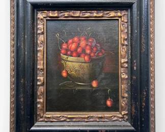 Framed Bowl of Cherries Still Life Painting 17.5 x 15.5 
