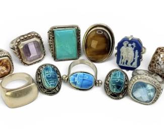 Sterling Silver Rings  Wedgwood, Egyptian Revival, Tigers Eye,  More 83g Total