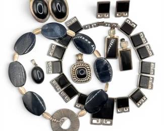 Sterling Silver Necklaces, Earrings,  Pendants With Black Stones 238g Total