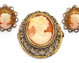 800 Silver Filigree Brooch With Gold Filled Cameo Earrings