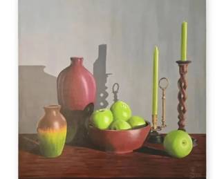Apples, Candles,  Vases 24 X 24 Still Life Painting Signed
