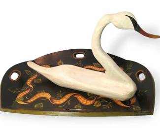 Hand Carved Wooden Swan And Large Hand Painted Tray