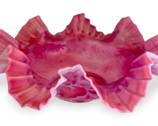 Cranberry Opalescent Ruffled Glass Bowl with Fern Pattern