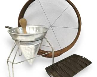 Antique Grain Sieve , Aluminum Food Mill,  Cast Iron Cornbread Pan